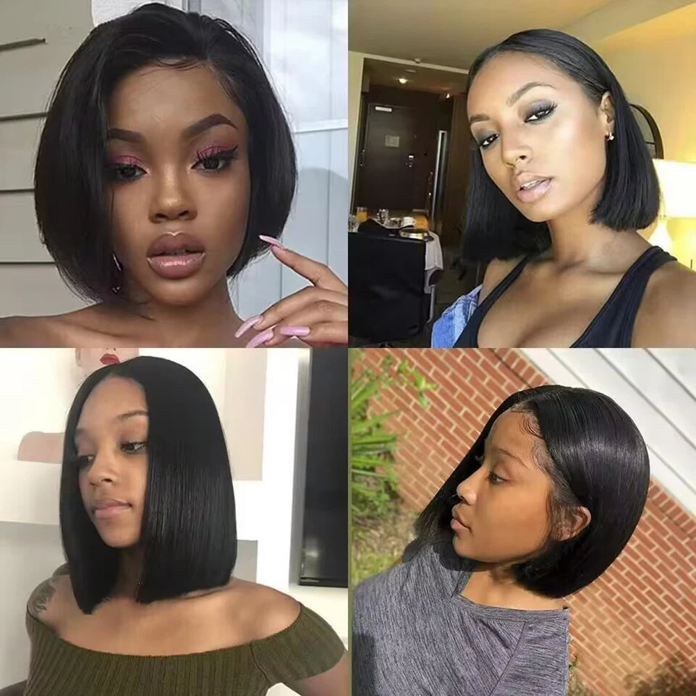 200% Density 13x4 Short Straight Brazilian Wig, Remy Hair, Transparent Lace Full Frontal Wig,100% Human Hair