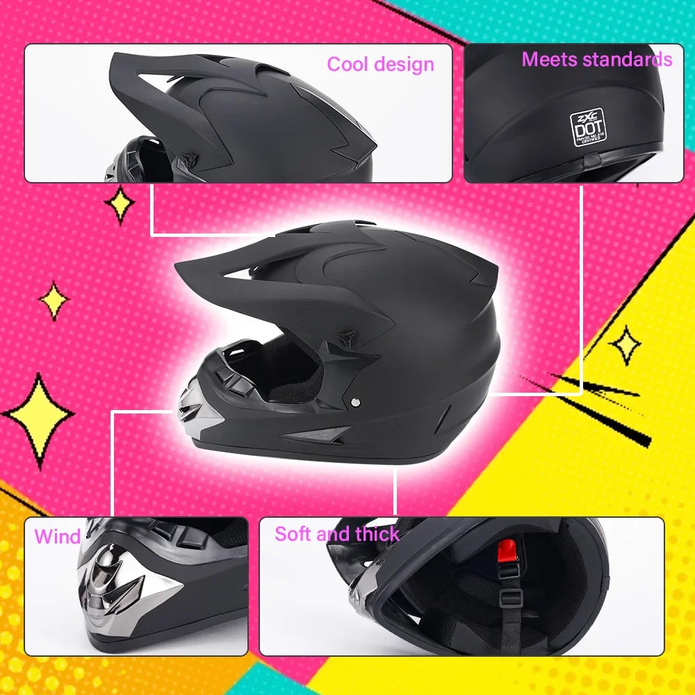 Off-road Full Face Helmet For Adult Dirt Bike, Goggles, Gloves And Face Mask Matte Black DOT