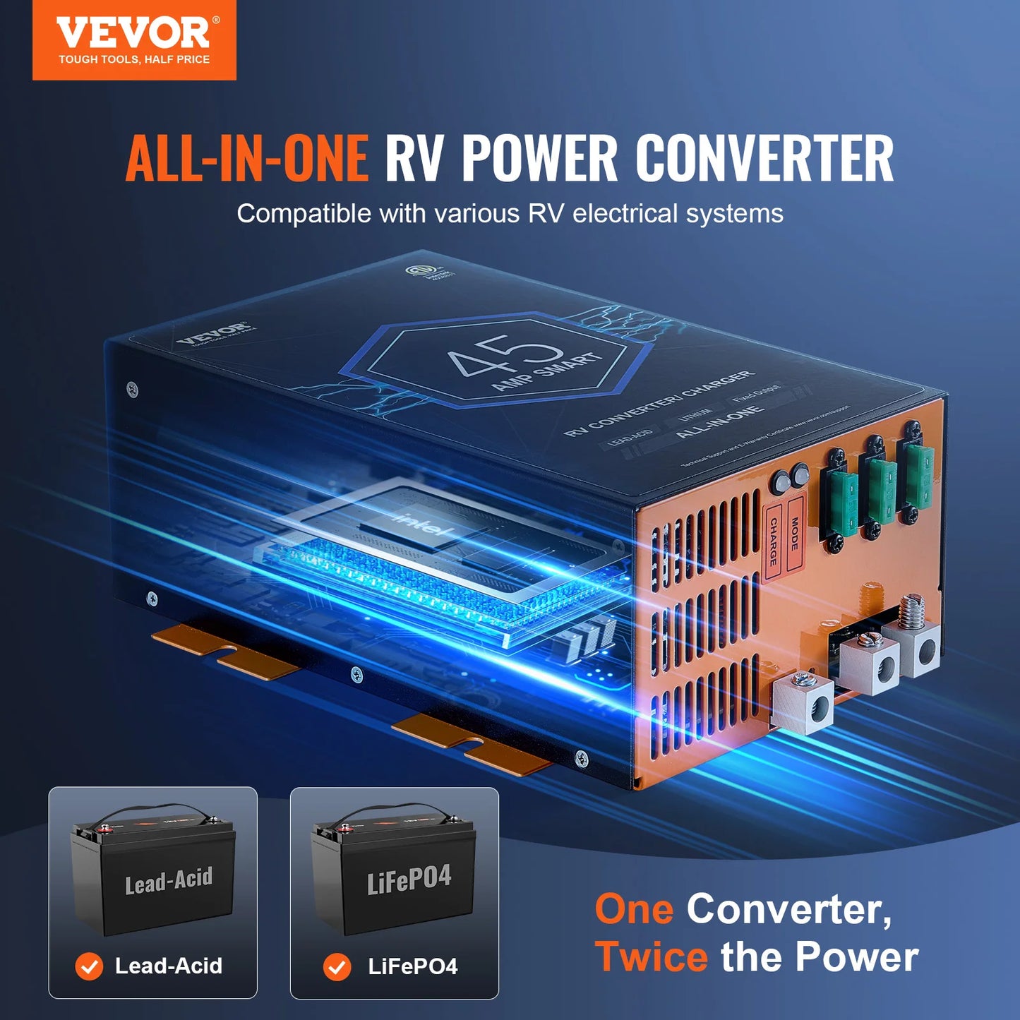 RV Converter 45/55/80Amp 110V AC to 12VDC Battery Charger 4Stage Smart Charging 13V to 16.5V Adjustable Operating Range