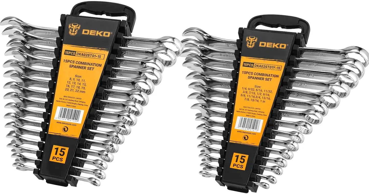 Combination Wrench Set, SAE & Metric,  1/4'' to 1'' & 8-22mm, 12-Point, Chrome Vanadium Steel, with Plastic Tray