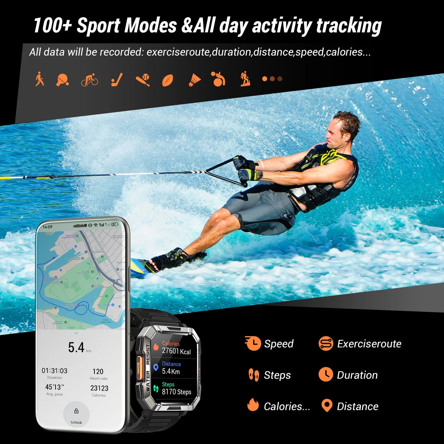 Smart Watch 2.01'' HD Display Outdoor Men's Watches with Emergency Lighting Bluetooth Call Waterproof Smartwatch