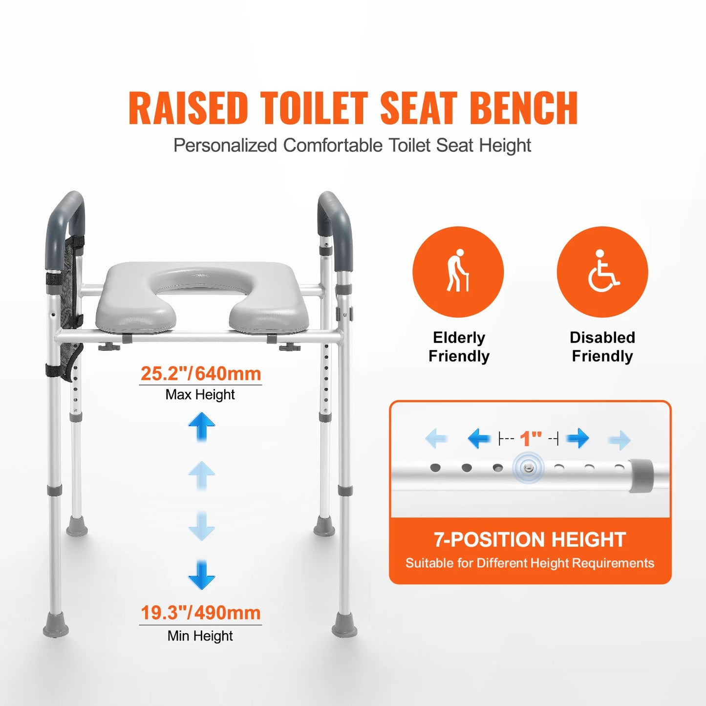Raised Toilet Seat, 7-Position Height Adjustment 19.3" - 25.2" 350lbs Weight Capacity with Comfort Padded Aluminum Frame