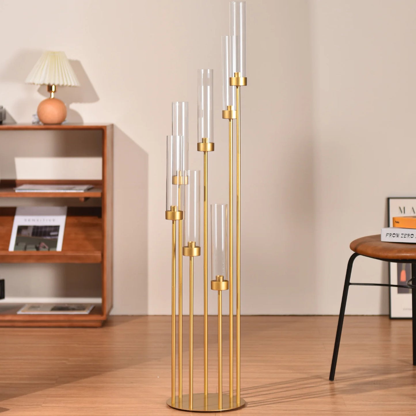 4 Sets, 7 Arms Floor Candelabra Wedding Centerpieces. Gold 48" Tall Metal Candlestick Holders with Acrylic Removable Lampshade