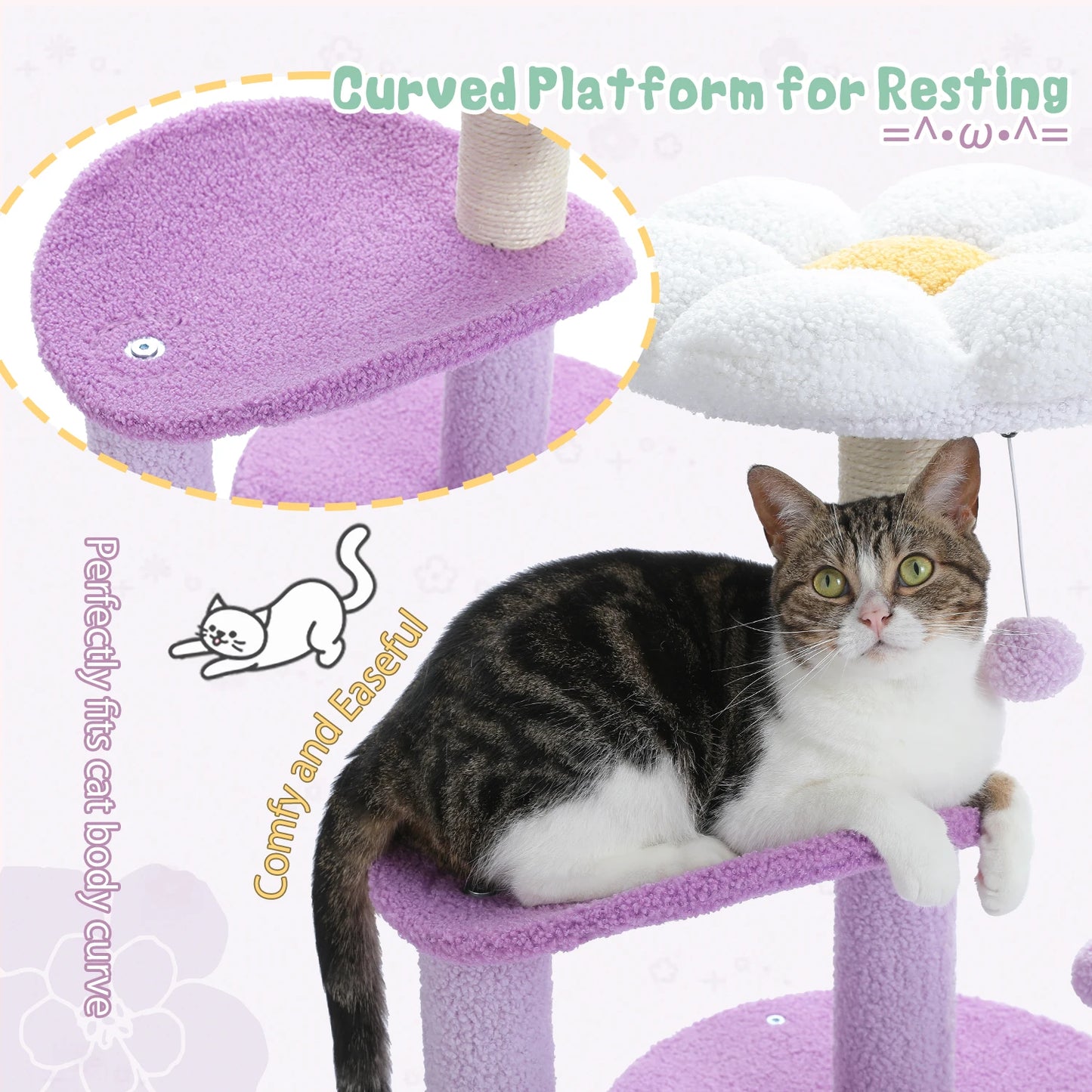 Flower Cat Tree for Cats, Small Cat Tower with Sisal Scratching Post, Soft Condo, Plush Perches, Fluffy Balls, Cat Toys