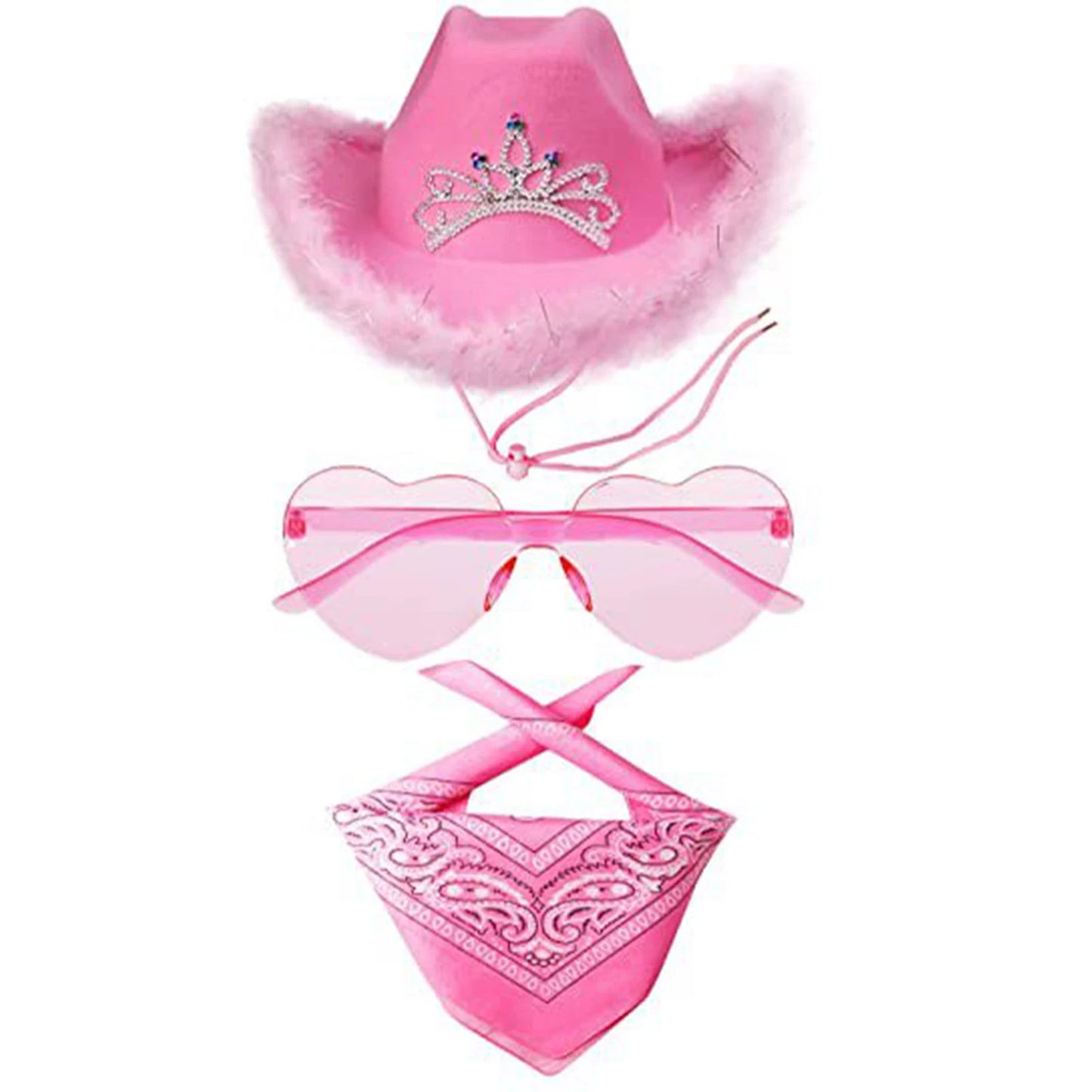 Sparkly Cowboy Hat with Rimless Heart Sunglasses and Ker-Chief for Women Men Party