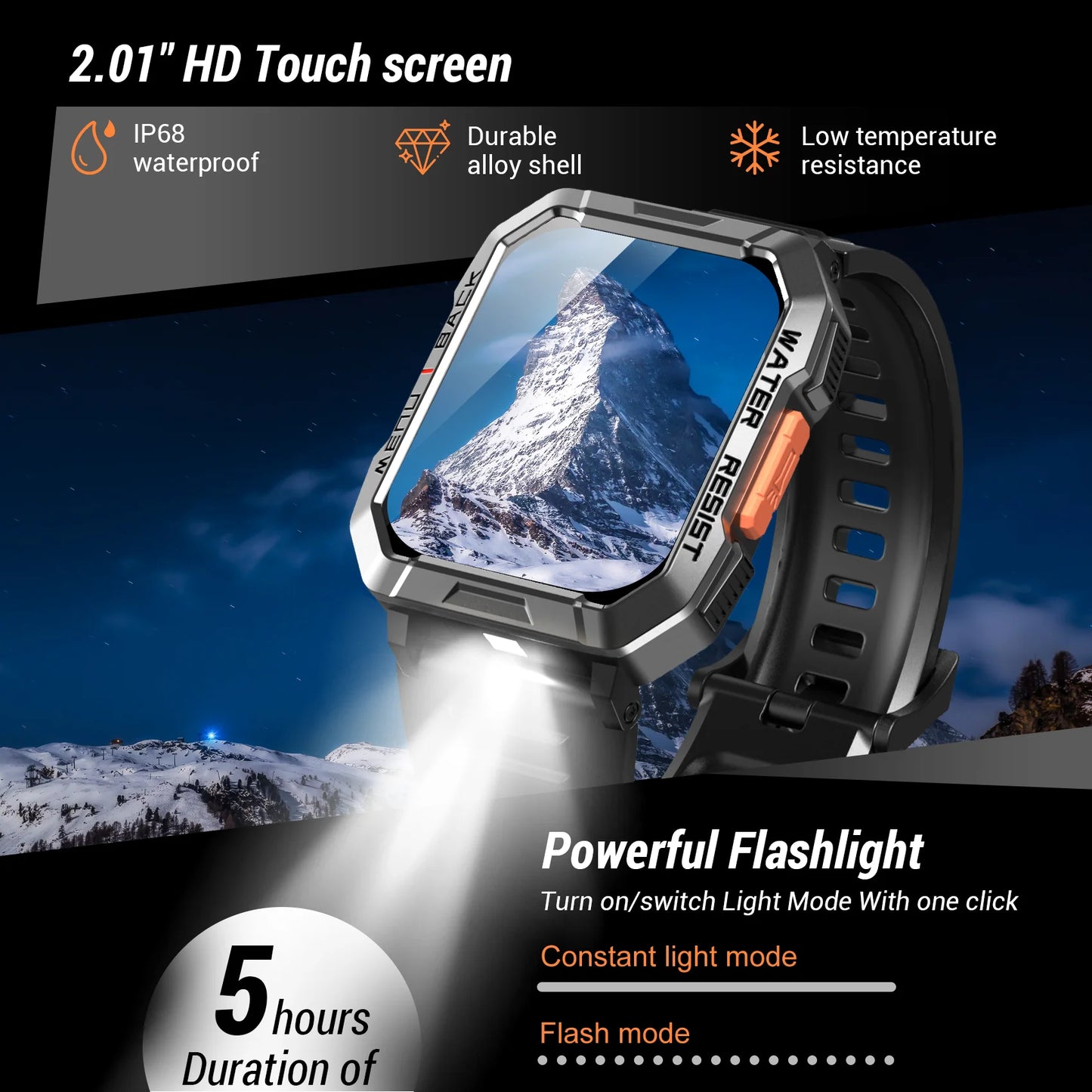 Smart Watch 2.01'' HD Display Outdoor Men's Watches with Emergency Lighting Bluetooth Call Waterproof Smartwatch