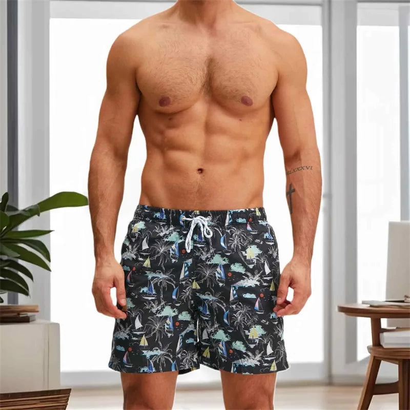 Men s Swim Trunks Quick Dry Beach Shorts with Drawstring Elastic Waistband Tropical Palm Leaf Print Swimwear for Summer