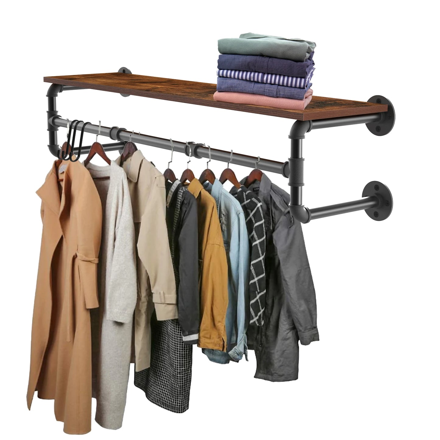 Industrial Pipe Clothing Rack, Wall Mounted  Pipe Shelving with wooden top shelf