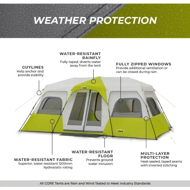 12 Person Instant Cabin Tent | 3 Room Huge Tent for Family with Storage Pockets for Camping Accessories