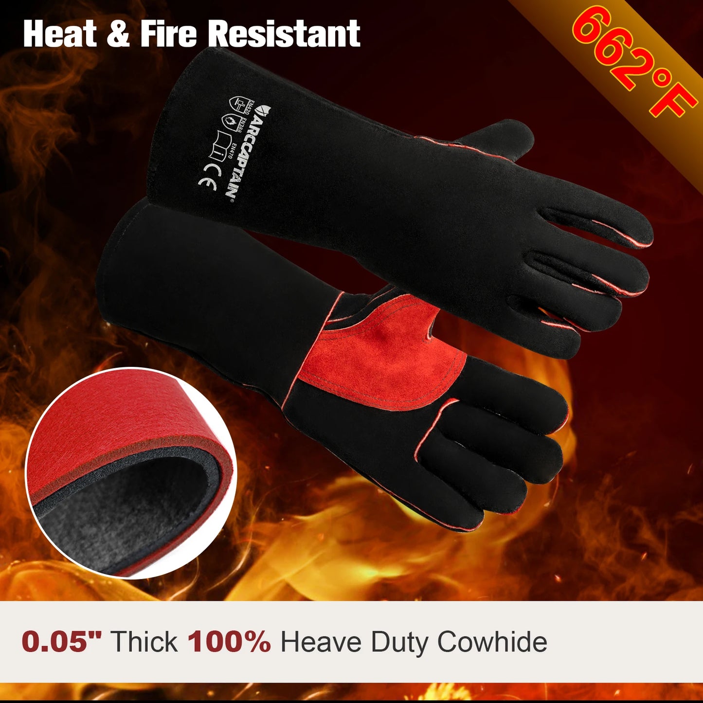 Cowskin Leather Barbecue Grill glove, Heat Resistant Long Sleeve