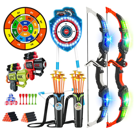 Night-Light Bow Arrow plus pistol Toy For Kids, Archery Stand Target Board Indoor Outdoor Game
