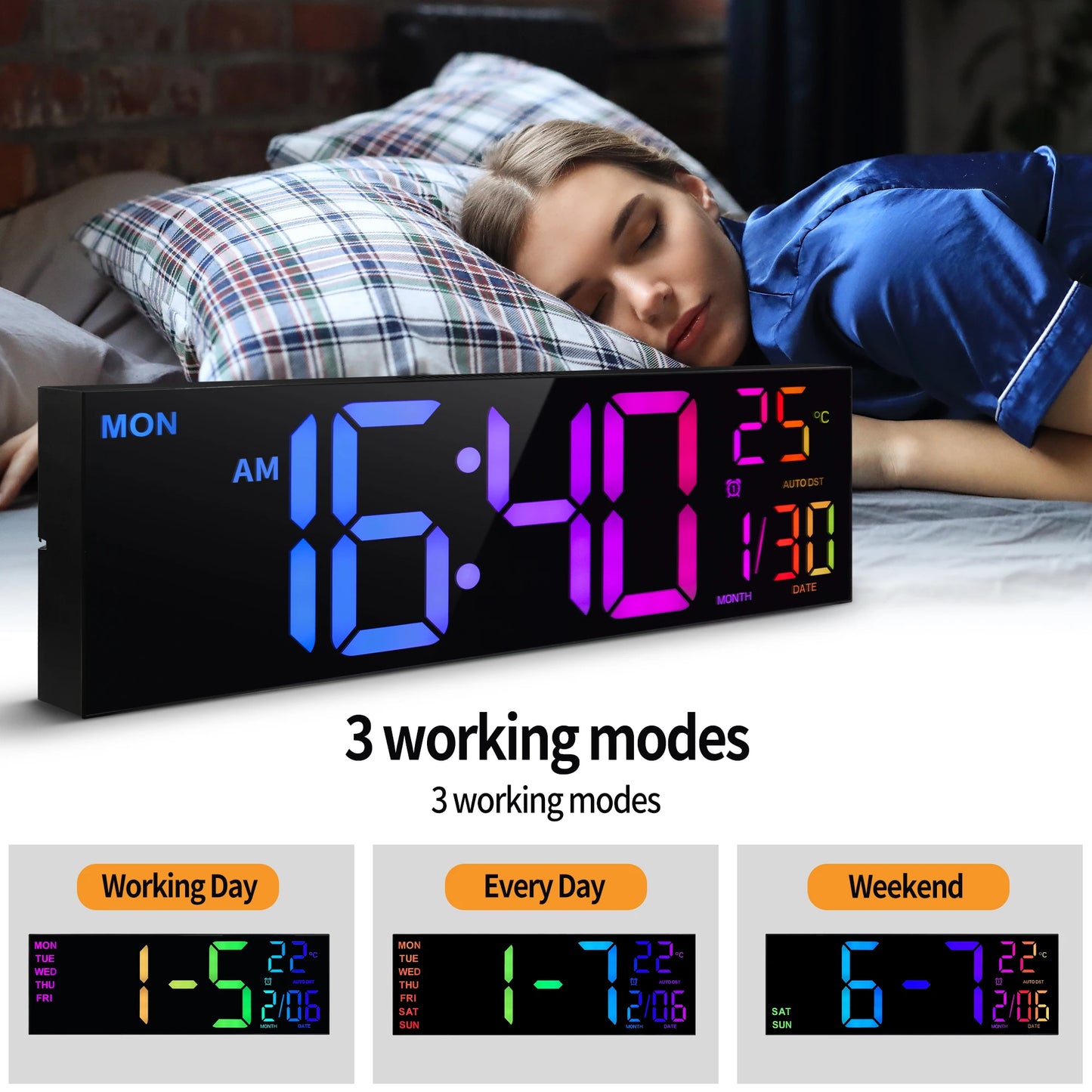 16" Large Digital Wall Clock, Big LED Display with Remote, 8 RGB Color, Alarm, Temperature