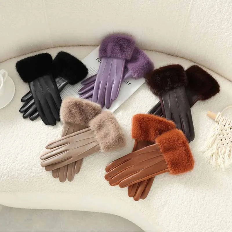 Winter Luxury Women's  Leather Gloves, Wrist Length Soft Faux Fur Trim Cuff
