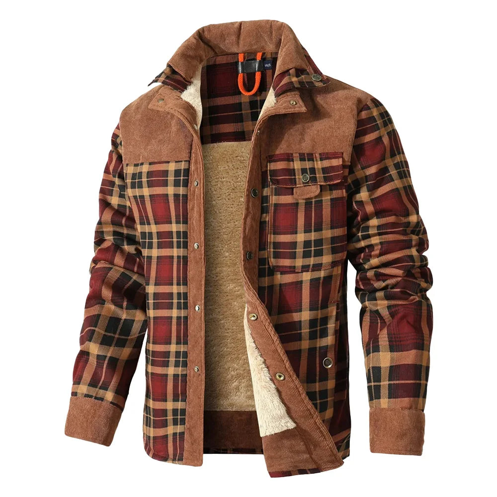 Men's Jacket Windproof Warm Casual Bomber Coat Plaid Sherpa Lined Flannel
