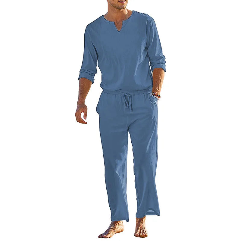 Men s Summer Cotton Linen Solid Color Long Sleeve Henley Shirt Elastic Waist Drawstring Pants 2 Pieces