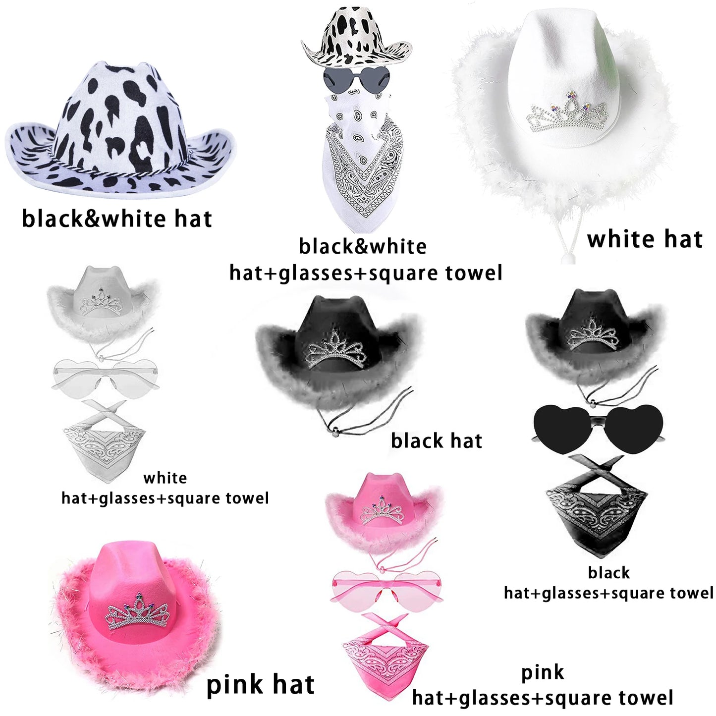 Sparkly Cowboy Hat with Rimless Heart Sunglasses and Ker-Chief for Women Men Party