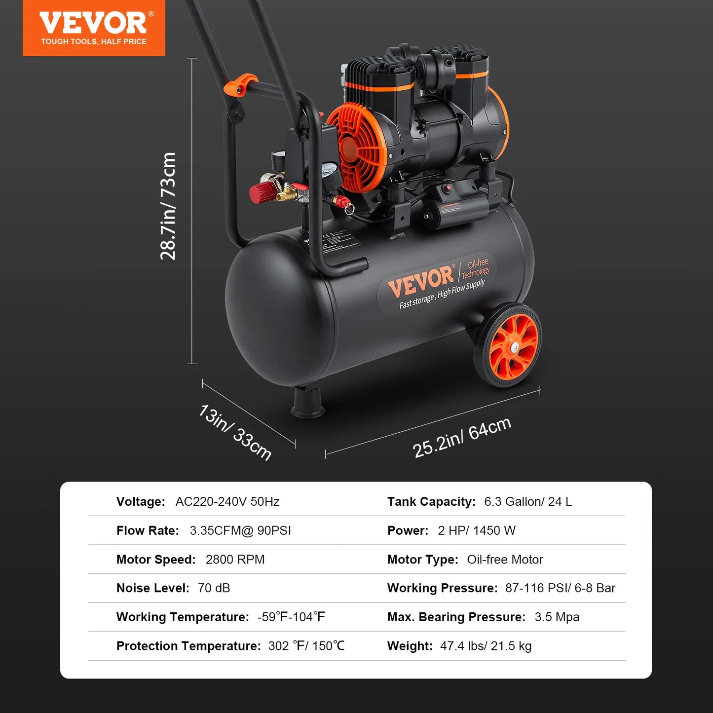 Silent Air Compressor, 900W/1450W/1800W. 120/240 V Quiet Oil-free Portable Air Pump. Inflates Tires, Balls, Air Mattress, Water Sports, Power Tools