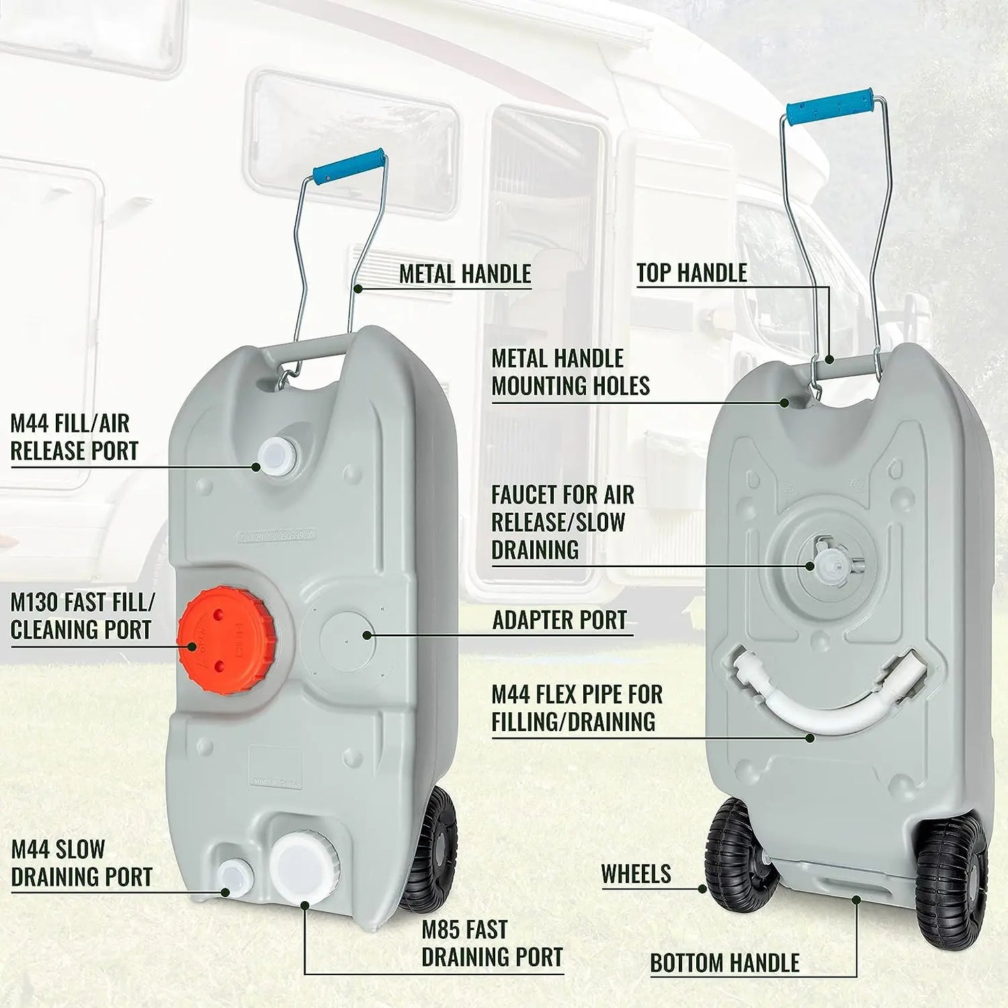 Portable RV Water Tank with Wheels, Quick Drain/Fill, Foldable Handle for Camping, Trailers and Caravans - Available in 3 Sizes.