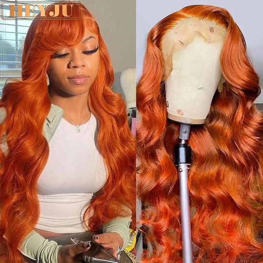 Orange Ginger Lace Front Wig, Human Hair Body Wave 13x6 HD Lace Frontal Wig Colored Brazilian Hair, Transparent Lace Wig