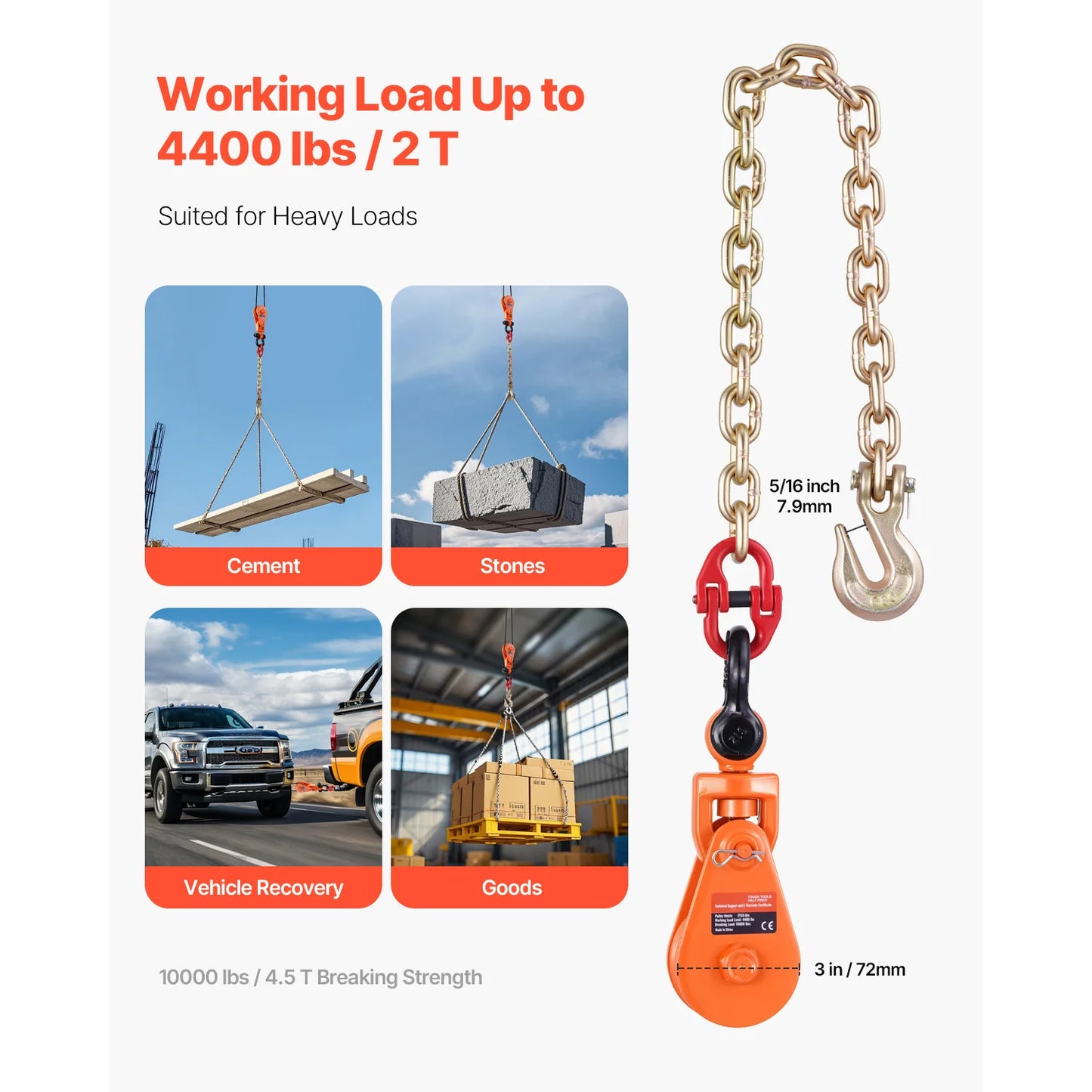 2T Snatch Block Pulley System with Chain & Swivel Shackle, 3" Sheave for 3/8" Rope. Towing, Recovery, Lifting