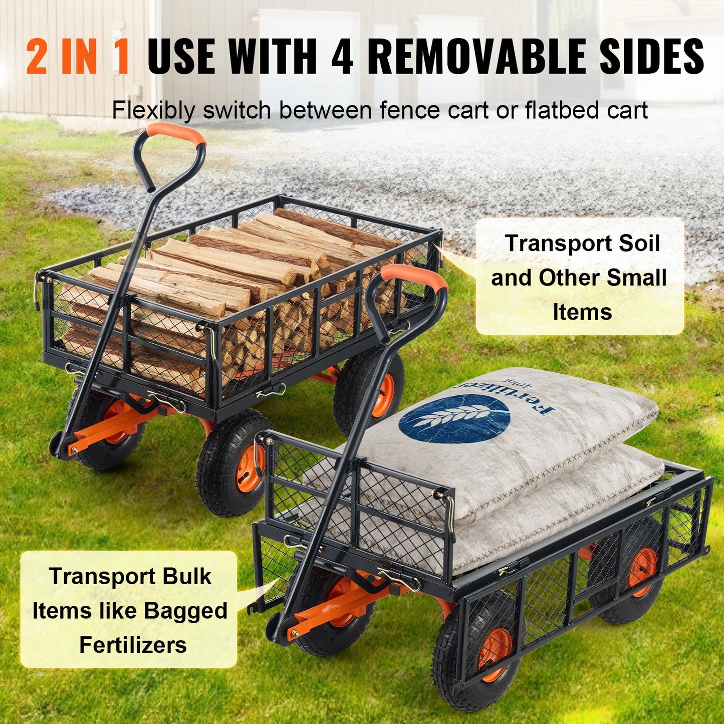 Garden Cart, Sturdy Metal Utility Wagon with Simple Assembly. Versatile Dump Cart Wheelbarrow with 400/880lbs Capacity