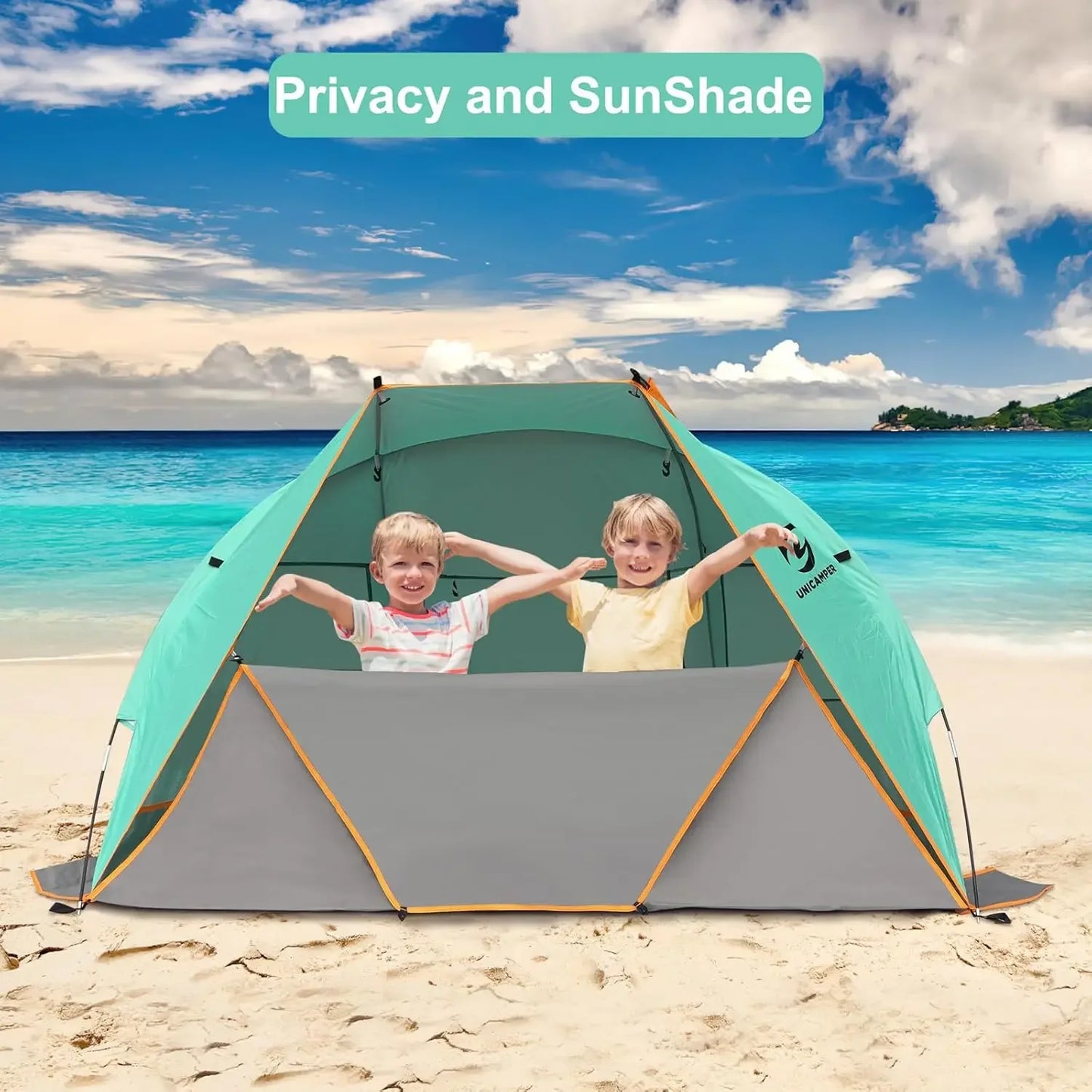 Beach Tent, 3 Person Sun Shelter. UPF 50+ with Extended Waterproof  Floor & 3 Mesh Roll Up Windows