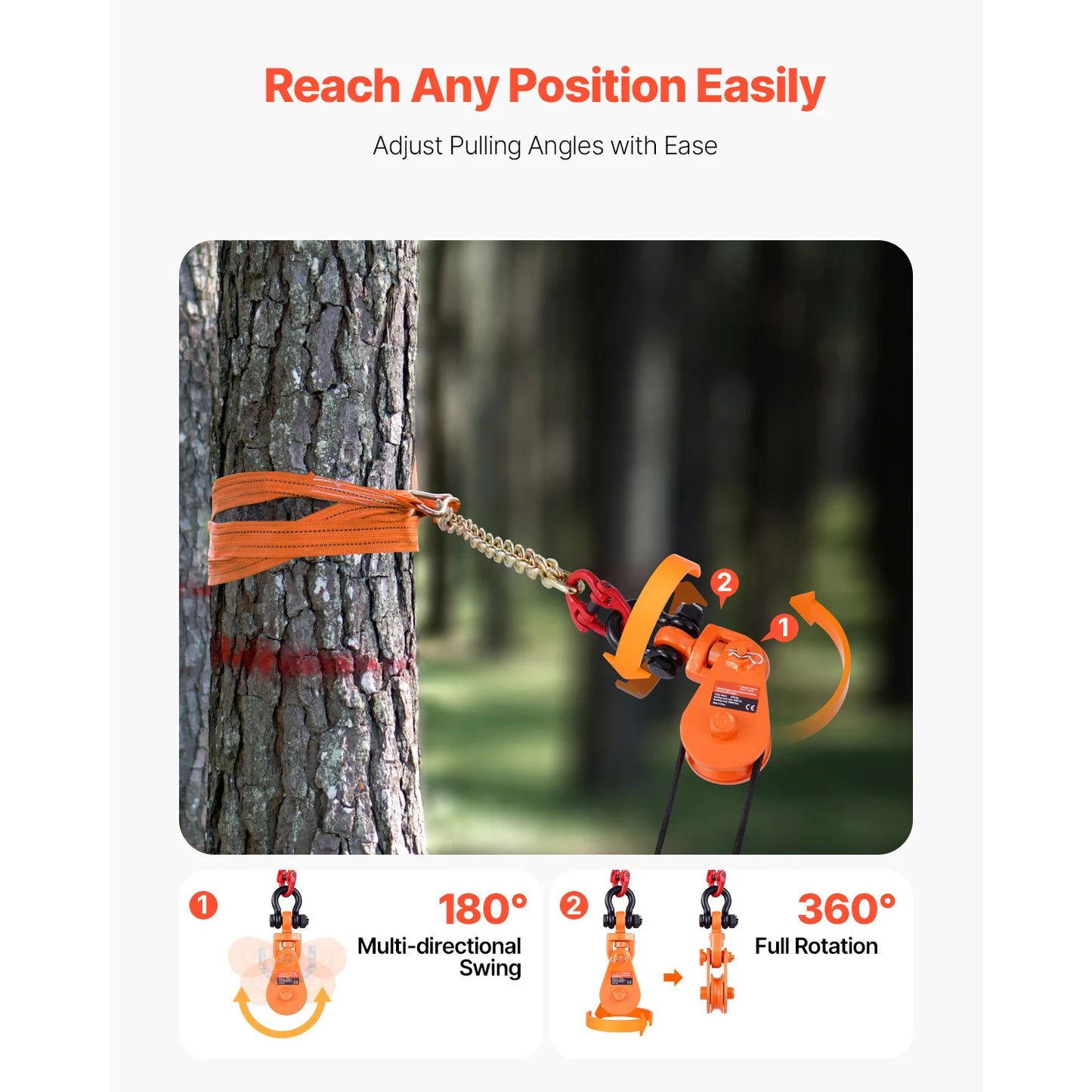 2T Snatch Block Pulley System with Chain & Swivel Shackle, 3" Sheave for 3/8" Rope. Towing, Recovery, Lifting