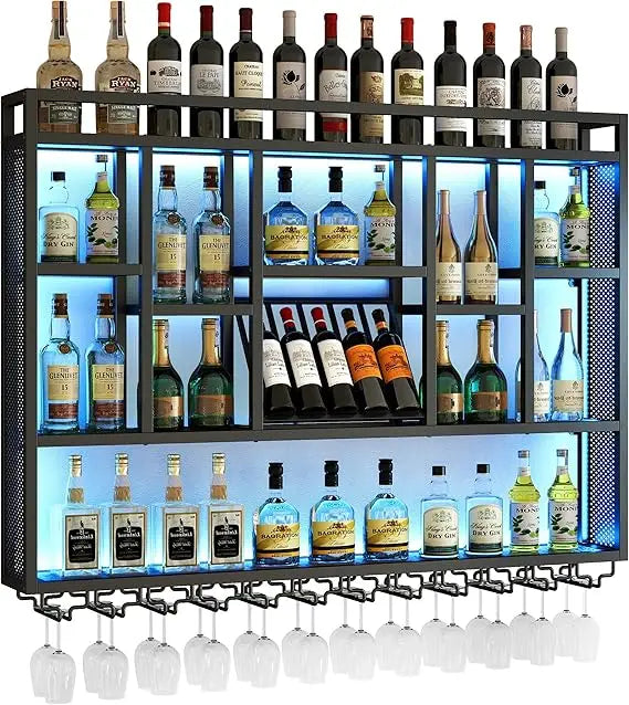 4-tiers 59in wine rack wall mounted with led light, floating bar shelves for liquor bottles, metal industrial hanging display shelf