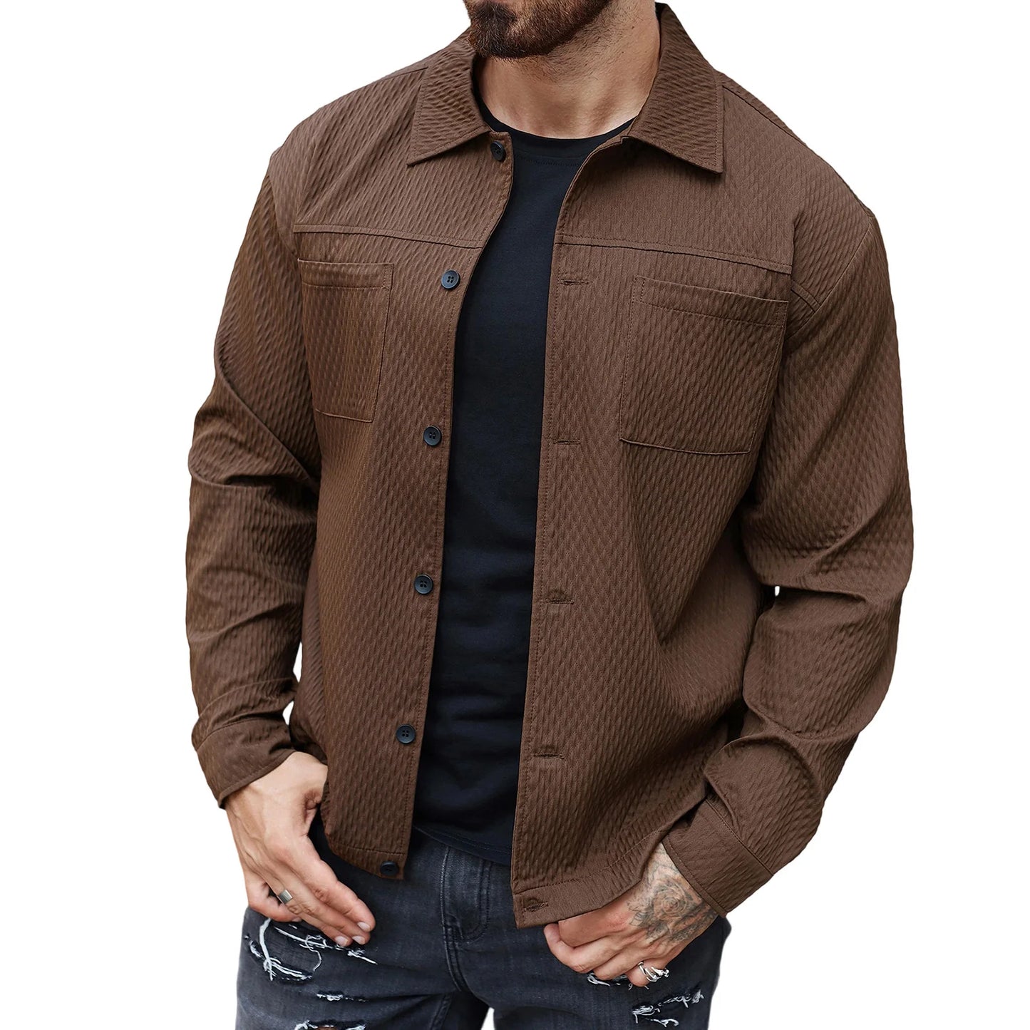 Men s Casual Shirt Jacket Regular Fit Solid Color Long Sleeve Button-up