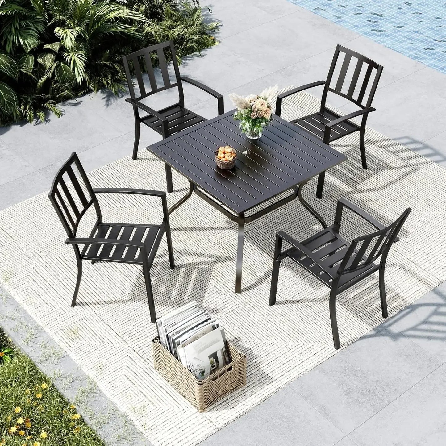 Outdoor Dining Set for 4, Patio Table and Chairs Set with Umbrella Hole, Metal Patio Furniture Set