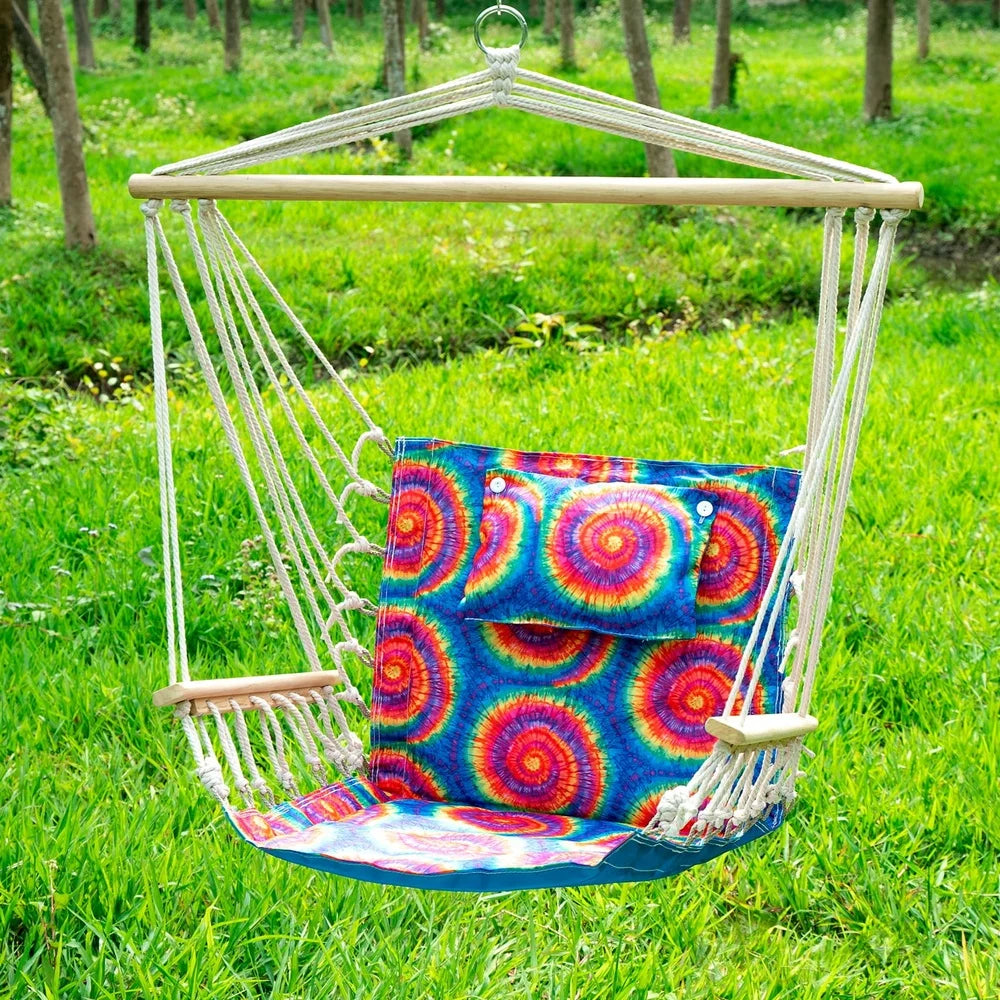 Hammock Chair with Pillow, Wooden Arms Durable Poly-Cotton Foldable Swing Indoor Outdoor Relaxation Support 275 lbs Capacity