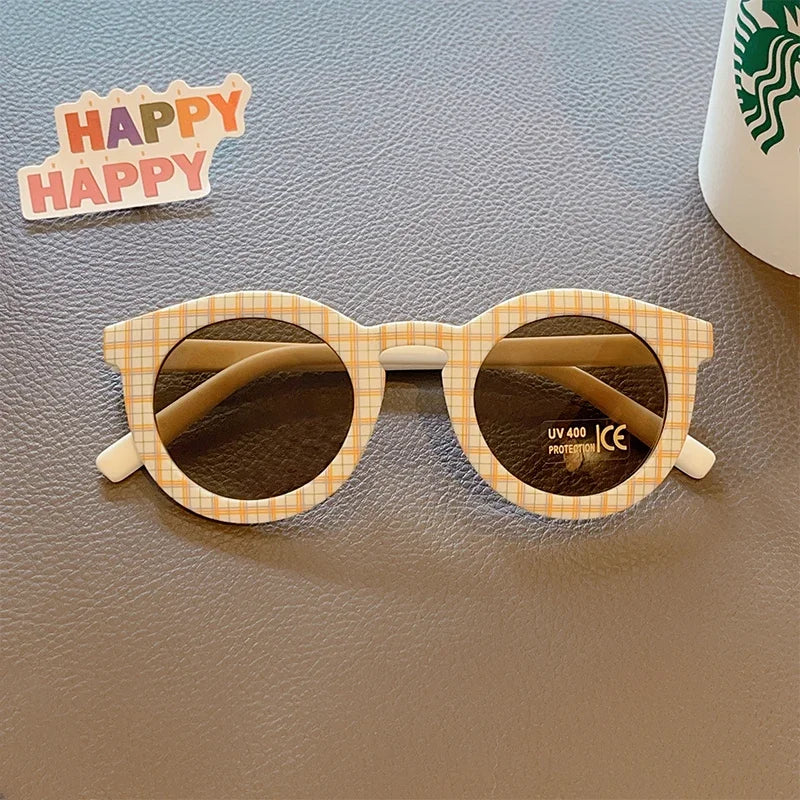 Kids Cute Checker Panel Color Round UV400 Sunglasses