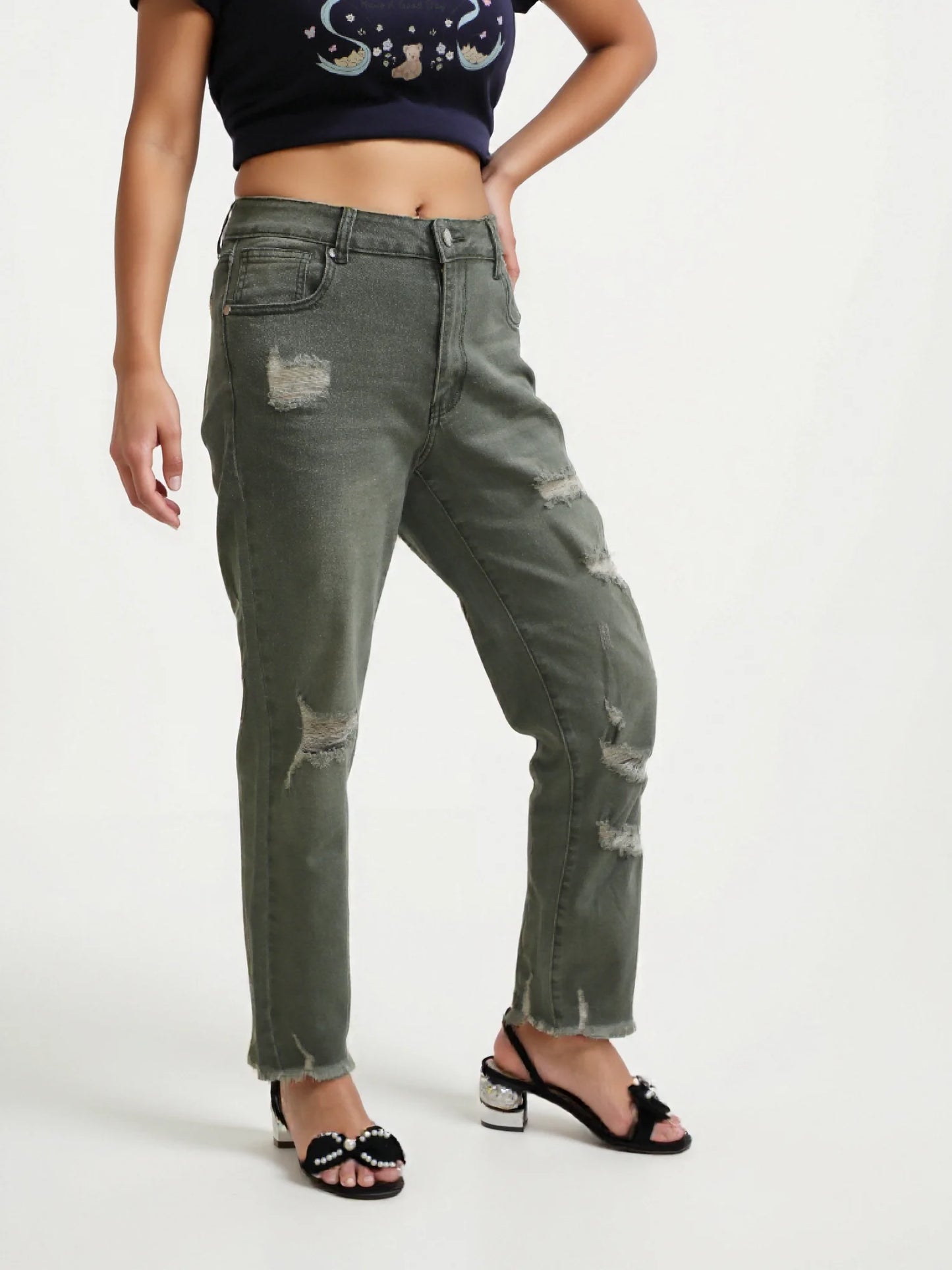 Women's Olive Green Distressed  Jeans - Casual Ripped Style