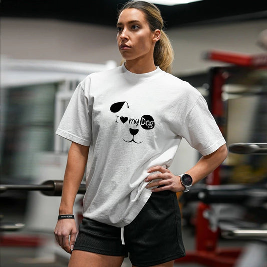 White T Shirt with Cute Dog and I Love My Dog Graphic Print, Unique Design, Casual Loose Fit Short Sleeve Tee