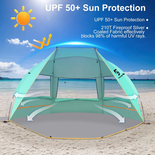 Beach Tent, 3 Person Sun Shelter. UPF 50+ with Extended Waterproof  Floor & 3 Mesh Roll Up Windows