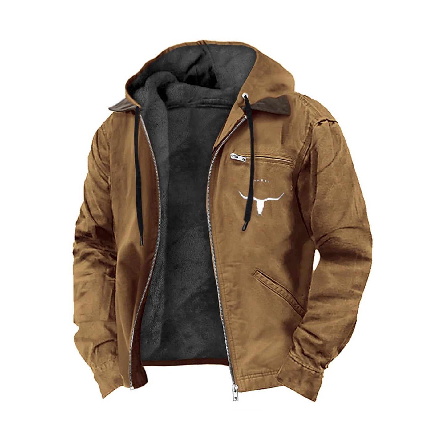 Men s Hooded Zip-Up Jacket with Bull Head Design Long Sleeves and Pockets - Stylish Outwear for Men