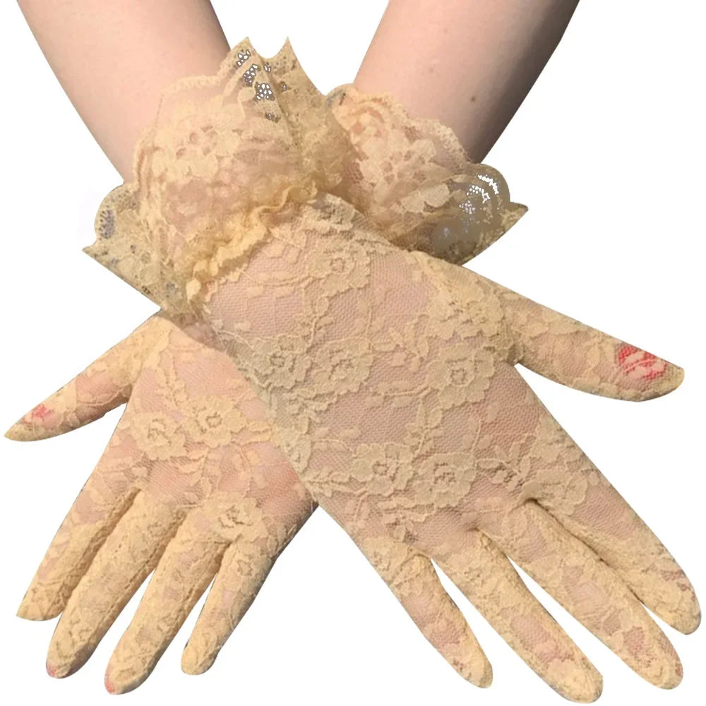 Women Sexy Lace Short Tulle Gloves, Elegant Lady Lotus Leaf Sheers, Bridal lace gloves