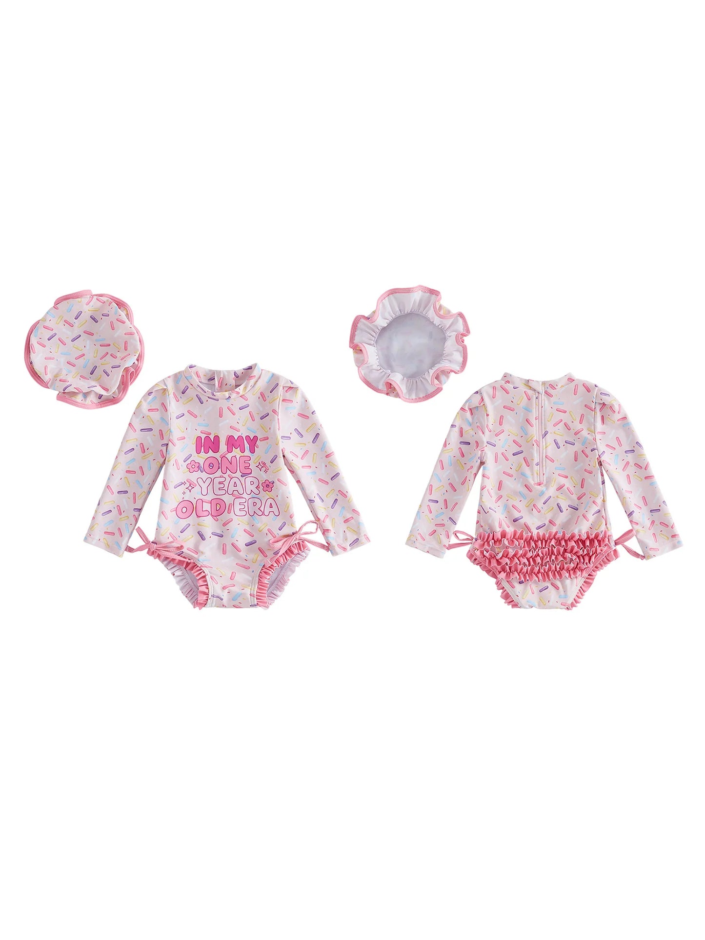 Toddler Girls  Swimsuit with Long Sleeve Rash Guard and Swim Cap - Cute  Bathing Suit