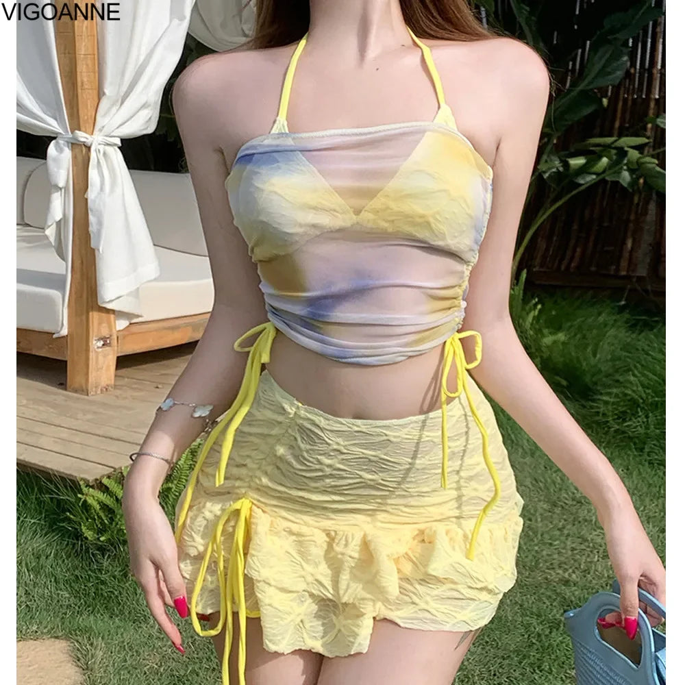 Yellow Swimwear for Women, 4 Piece Set Tied High Cut Backless Bathing Suit