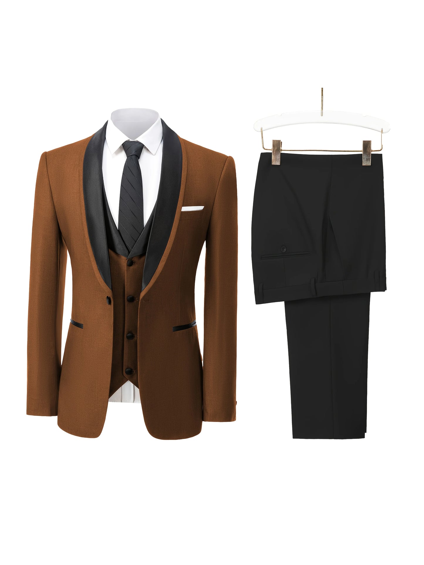 Slit Men's Suits 3 Piece Black Shawl Lapel Casual Tuxedo (Blazer+Vest+Pant)