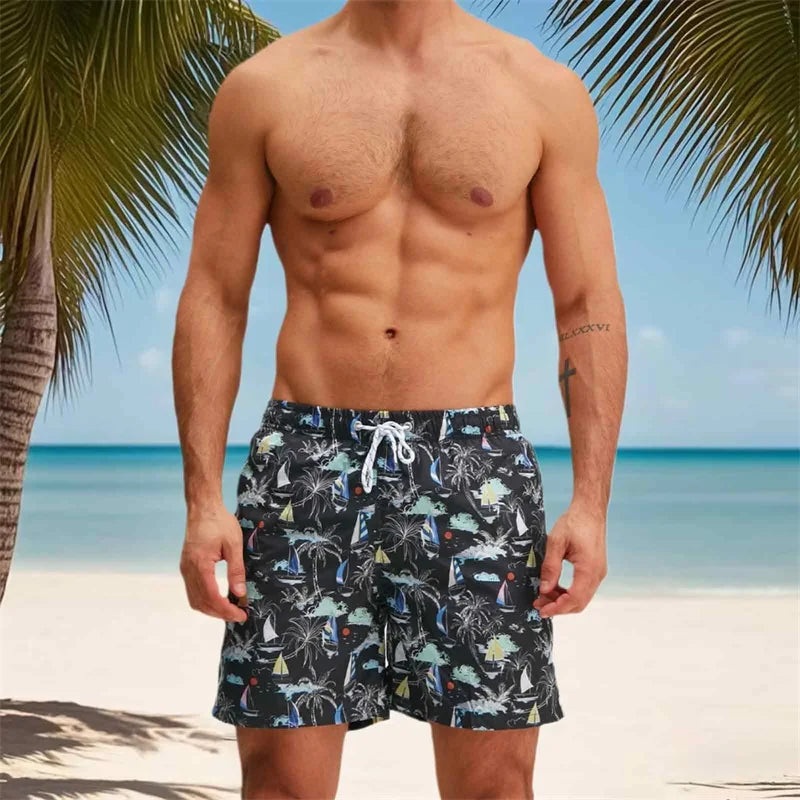 Men s Swim Trunks Quick Dry Beach Shorts with Drawstring Elastic Waistband Tropical Palm Leaf Print Swimwear for Summer