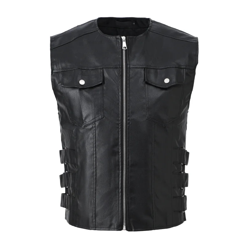 Men's Fashion Leather Biker Vest Sleeveless Jacket