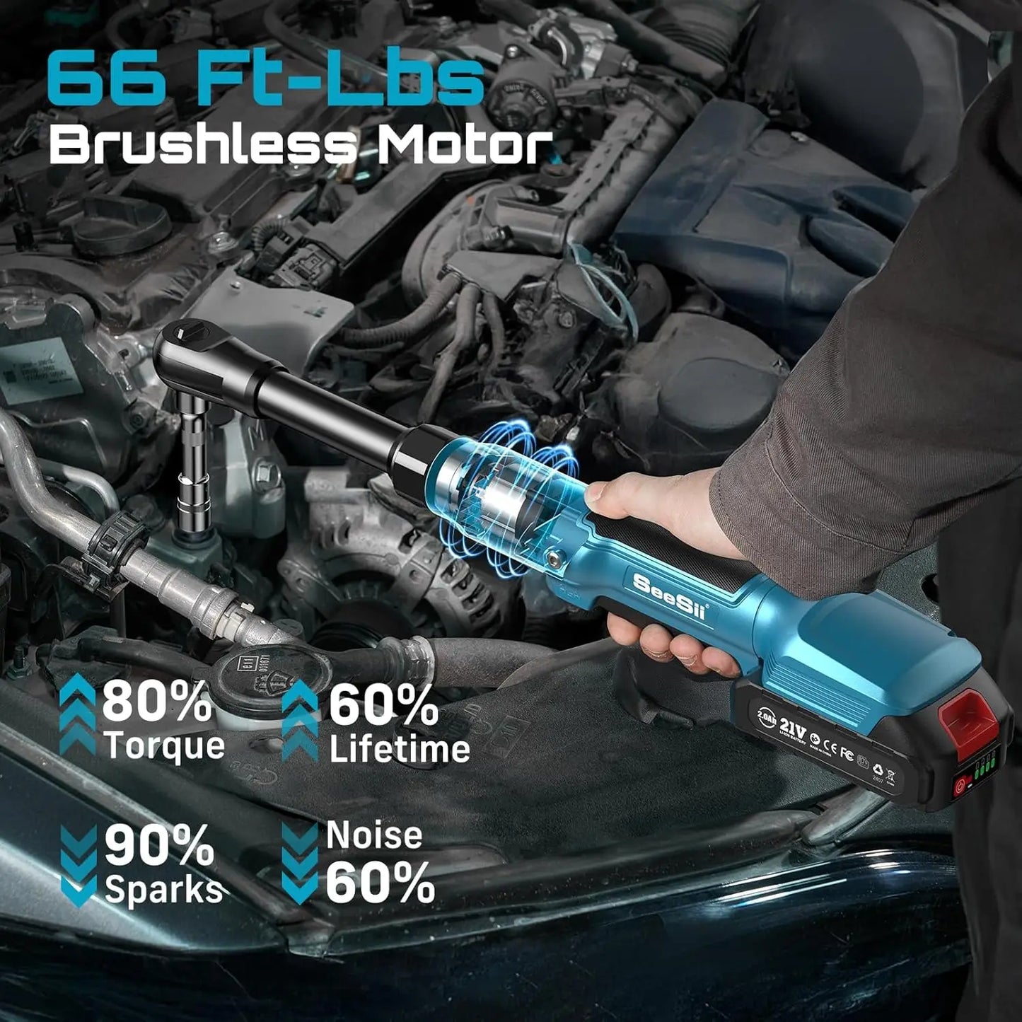 3/8" 21V Cordless Electric Wrench 80Nm, 6.3'' Extended Electric Ratchet Wrench, Rechargeable Angle Wrench Car Repair Tools