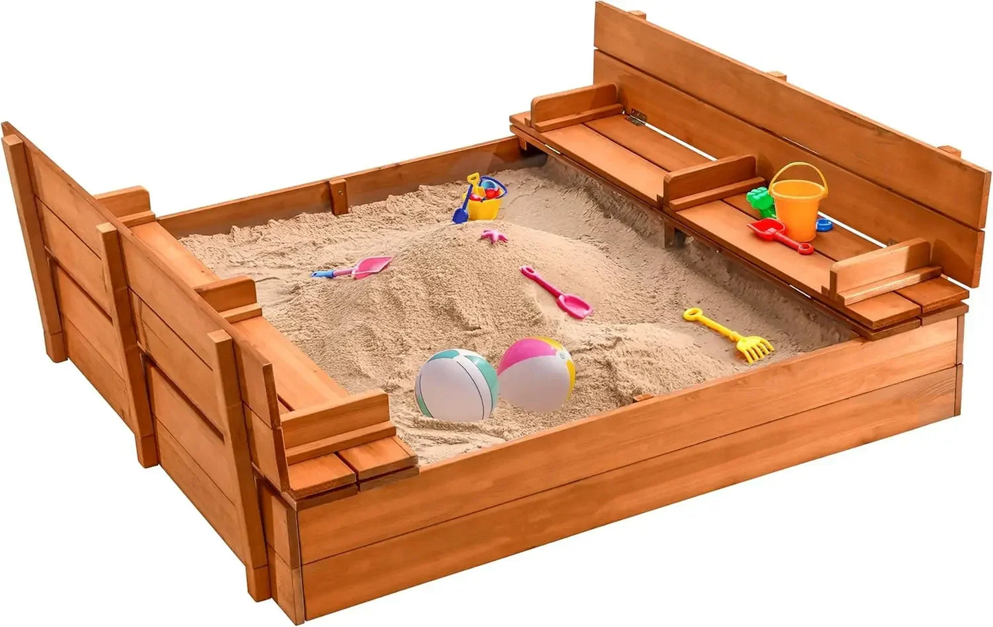 Large Wooden Kids Sandbox with Lid – Outdoor Sand Box for Kids with Cover, Foldable Bench Seats and Bottom Liner