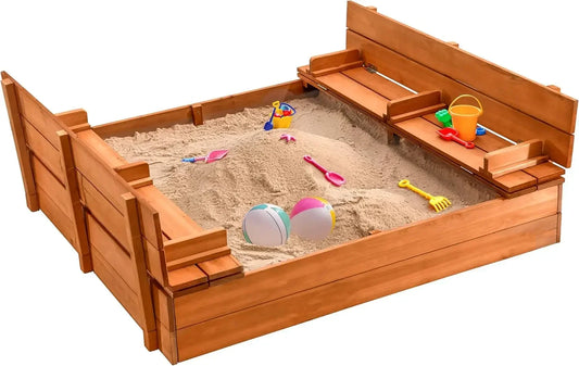 Large Wooden Kids Sandbox with Lid – Outdoor Sand Box for Kids with Cover, Foldable Bench Seats and Bottom Liner