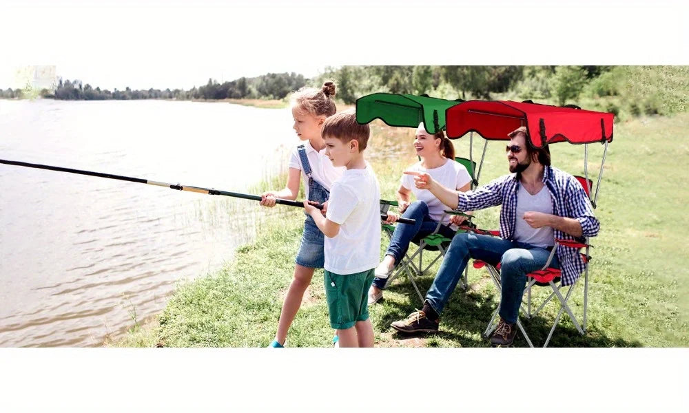 Camping Chair With Canopy, Outdoor Folding Lounge Chair With Adjustable UPF 50+ Sun Shade & Cup Holder