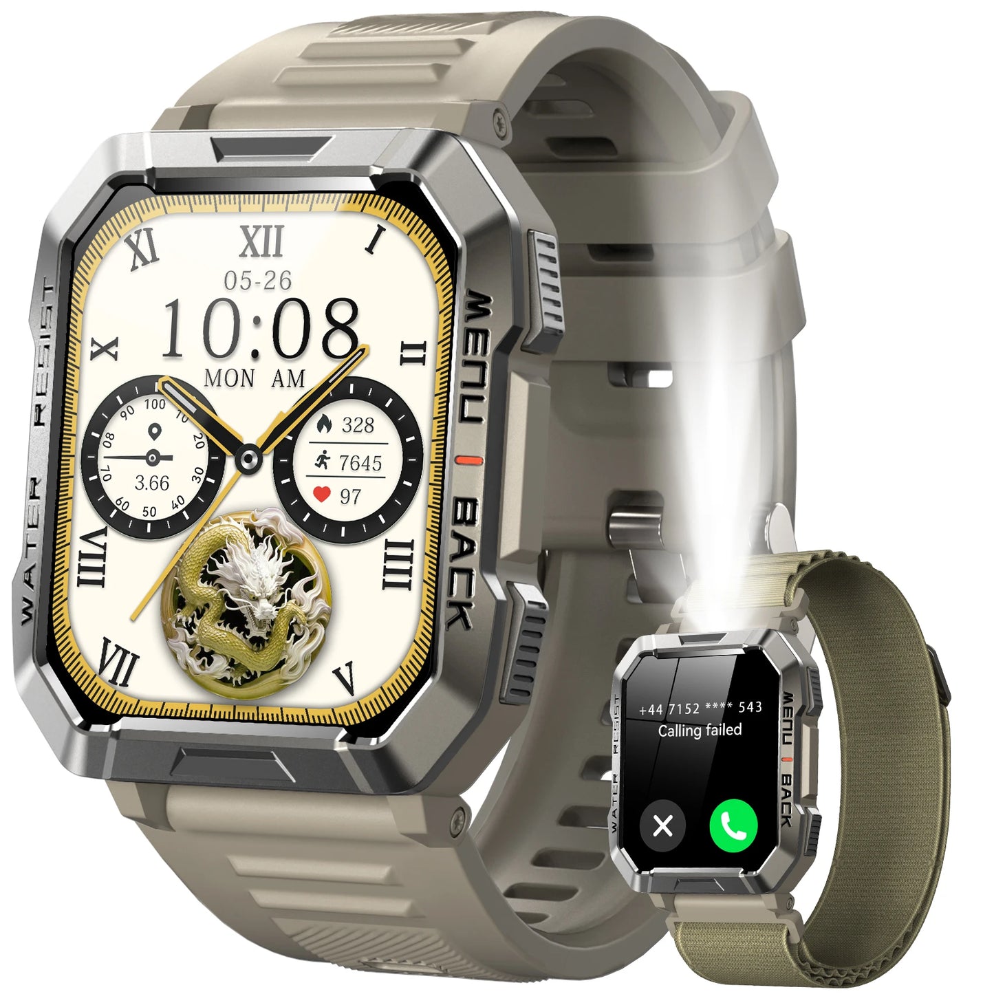 Smart Watch 2.01'' HD Display Outdoor Men's Watches with Emergency Lighting Bluetooth Call Waterproof Smartwatch