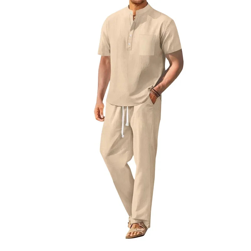 Men s Casual 2 Piece Outfit Short Sleeve Henley Tops with Drawstring Pants, Solid Color