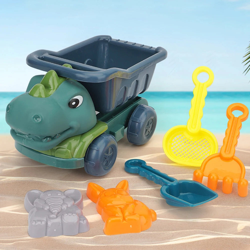 6Pcs Dinosaur Summer Beach Toys with Dump Truck, Sand Molds, Shovel, Rake, Sand Sifter