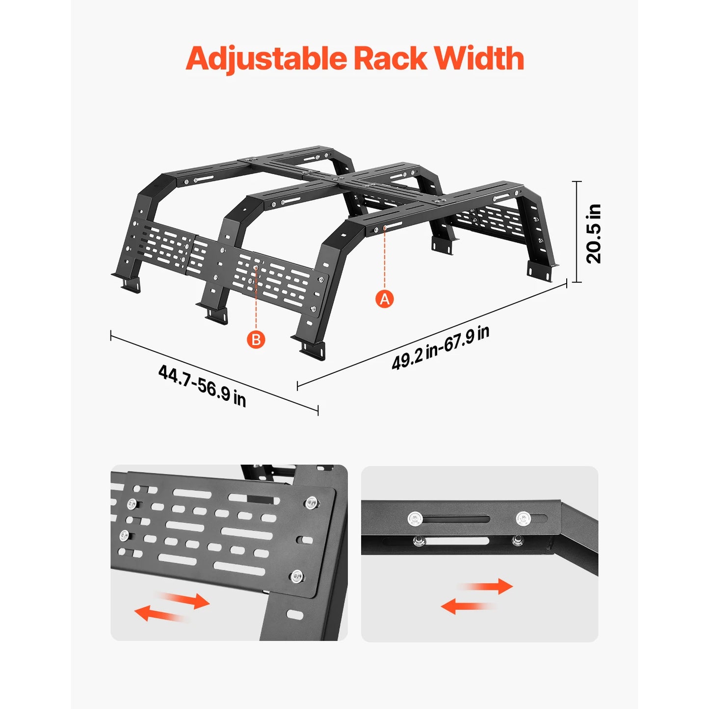 Overland Truck Bed Rack 49.2-67.9 in Width  Rack w/ Sidebar 900 lbs Static Capacity Duty Steel